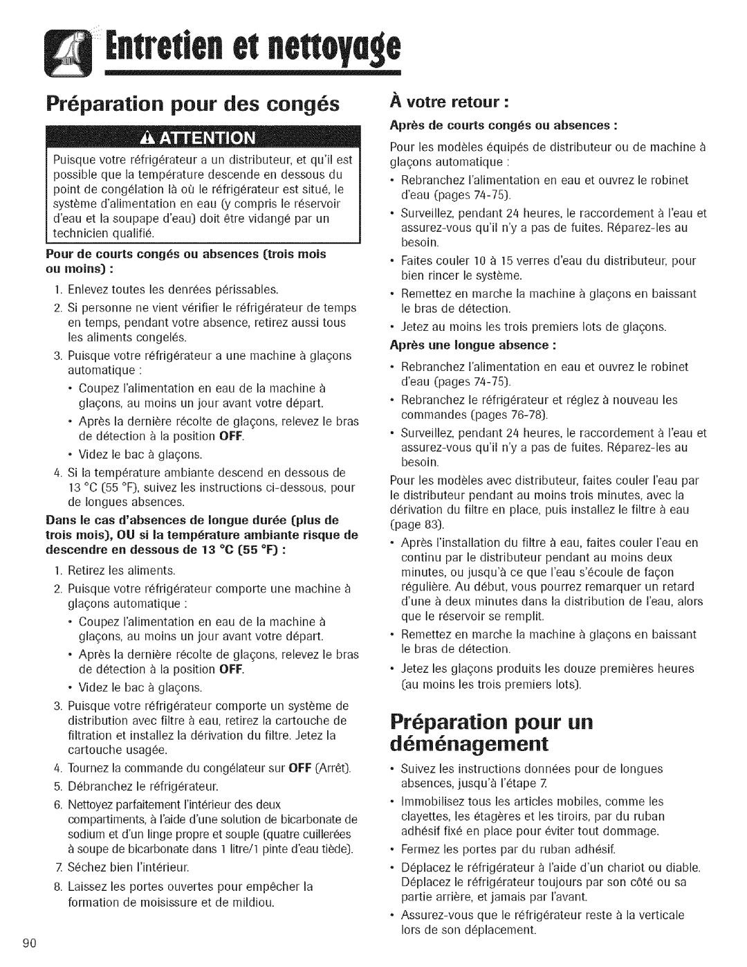 Kenmore 596.762647, 596.762637 Preparation pour des congas, D6m6nagement, Preparation pour un, Aprs une Iongue absence 