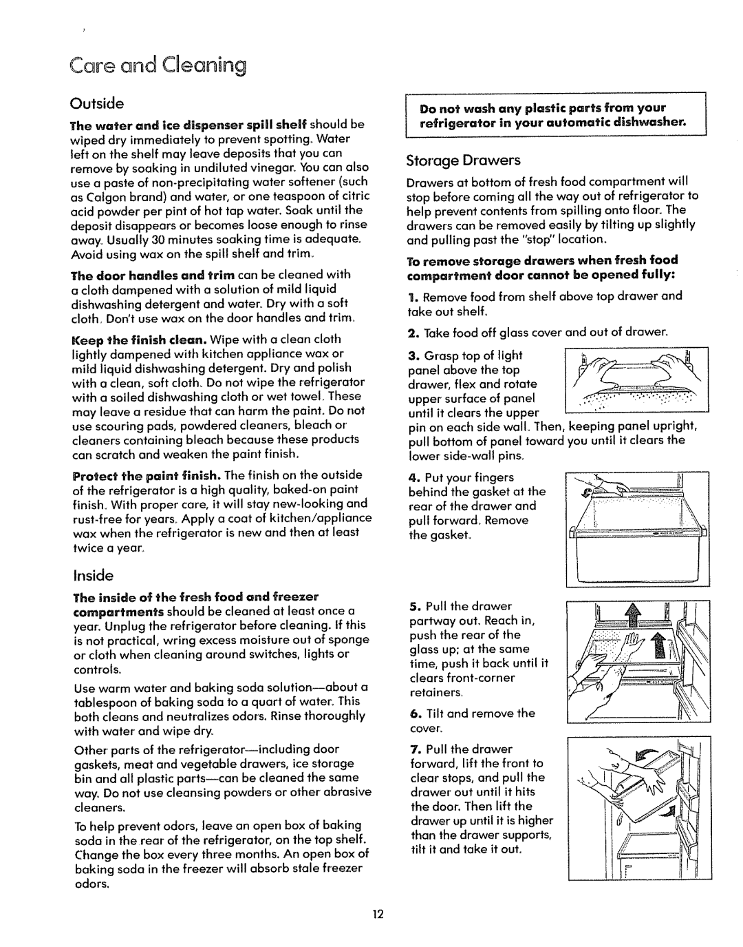 Kenmore 59778, 59771 warranty Care and Cleaning, Outside, Inside, Storage Drawers 