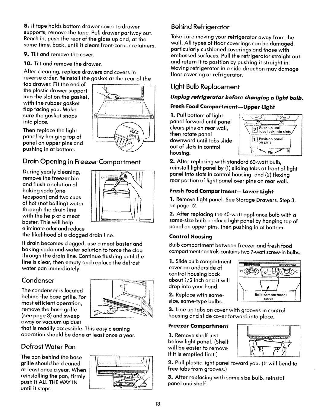 Kenmore 59771, 59778 Defrost Water Pan, Behind Refrigerator, Light Bulb Replacement, Drain Opening in Freezer Compartment 