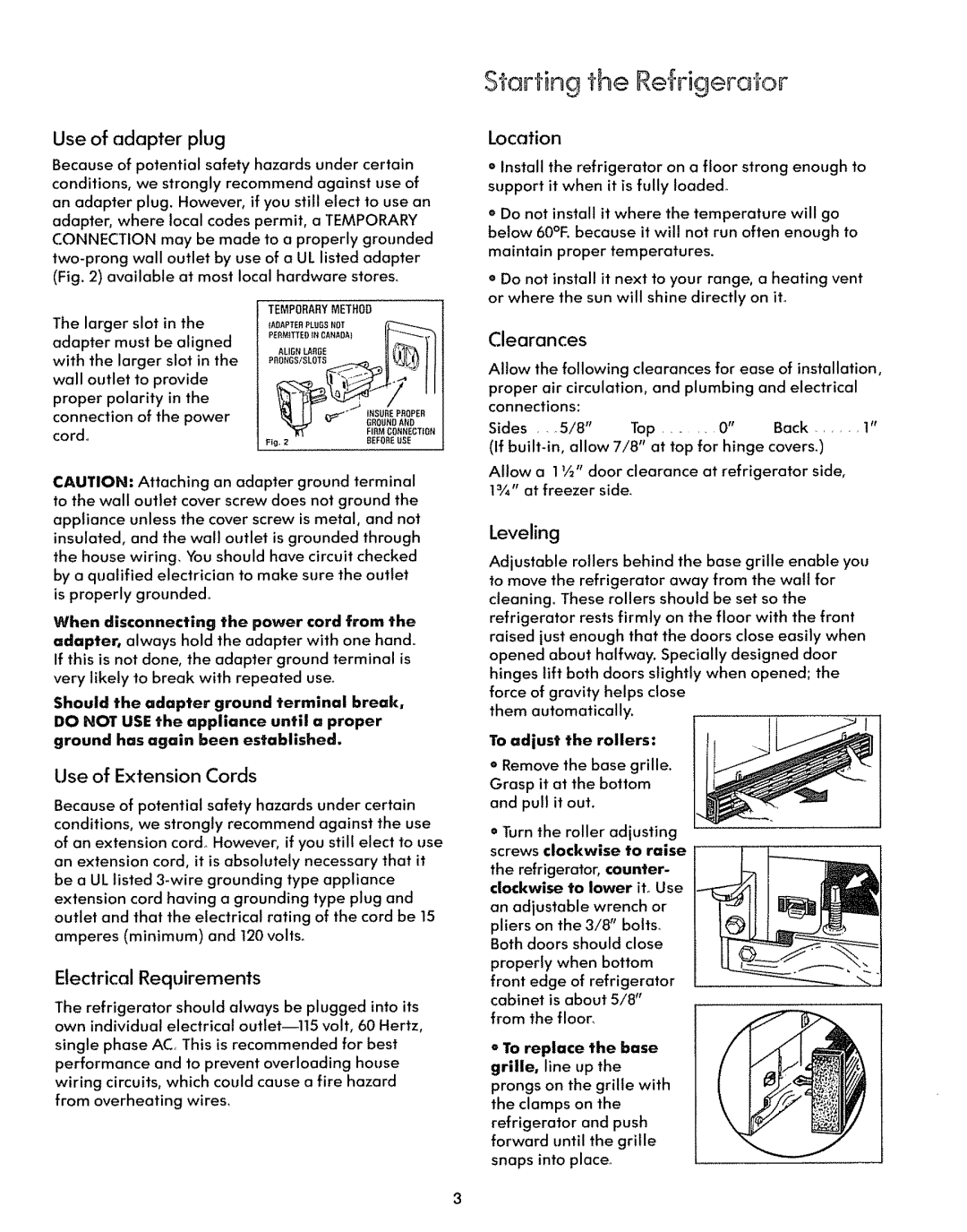 Kenmore 59771, 59778 warranty Use of adapter plug, Location, Use of Extension Cords, Electrical Requirements, Leveling 