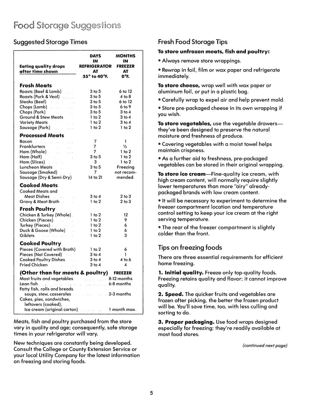 Kenmore 59771, 59778 warranty Fresh Food Storage Tips, Tips on freezing foods, Suggested Storage Times 