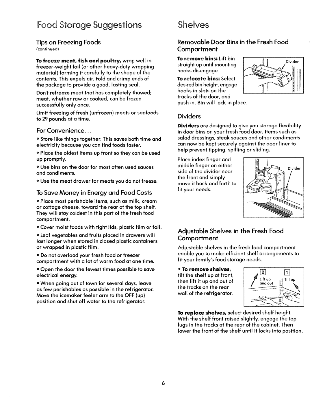 Kenmore 59778, 59771 warranty Food Storage Suggestions, Shetves, Removable Door Bins in the Fresh Food Compartment 