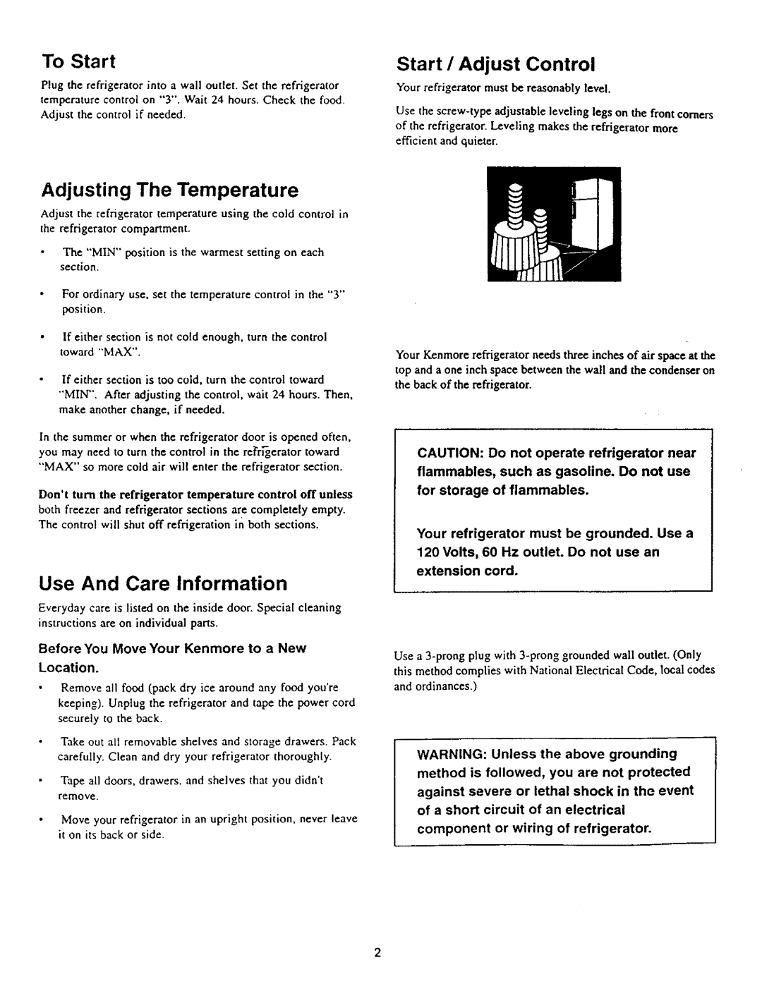 Kenmore 61042, 61044, 61040, 61047 Use And Care Information, To Start, Start 1 Adjust Control, Adjusting The Temperature 