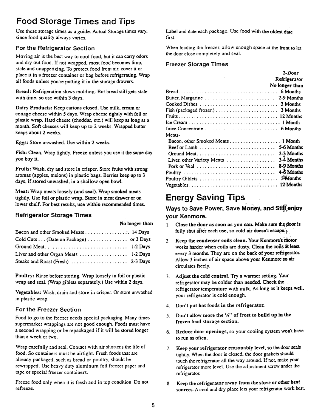 Kenmore 61040, 61044 Energy Saving Tips, Food storage Times and Tips, Ways to Save Power, Save Money, and St|i_,enjoy 