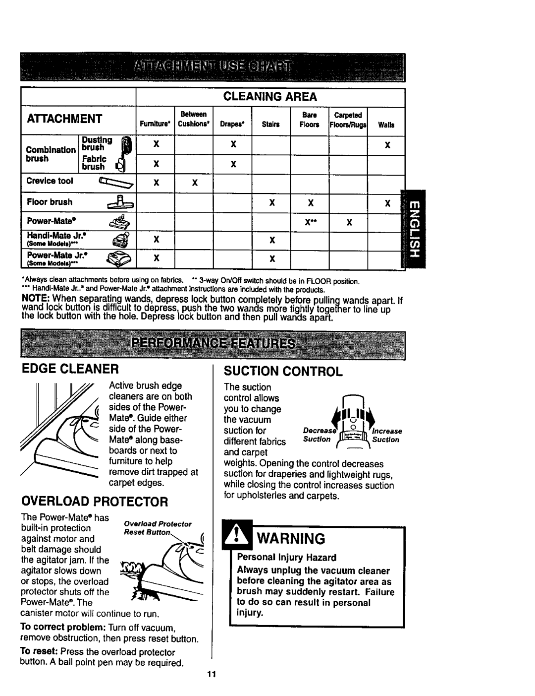 Kenmore 624, 614 owner manual Edge Cleaner, Overload Protector Suction Control, Furnure* Cushions 