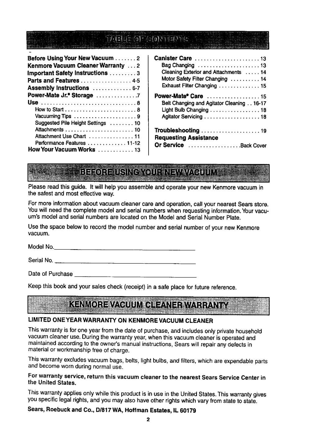 Kenmore 614, 624 owner manual Model No, Limited ONE Year Warranty on Kenmore Vacuum Cleaner 