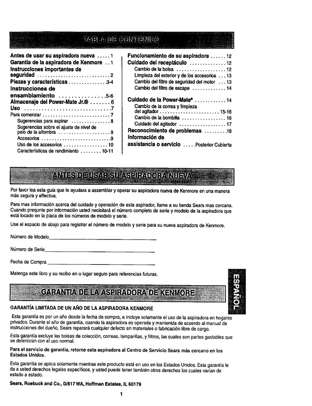 Kenmore 624, 614 owner manual Antes de usar su asplmdora nueva, Gamntia de la asplradom de Kenmore 