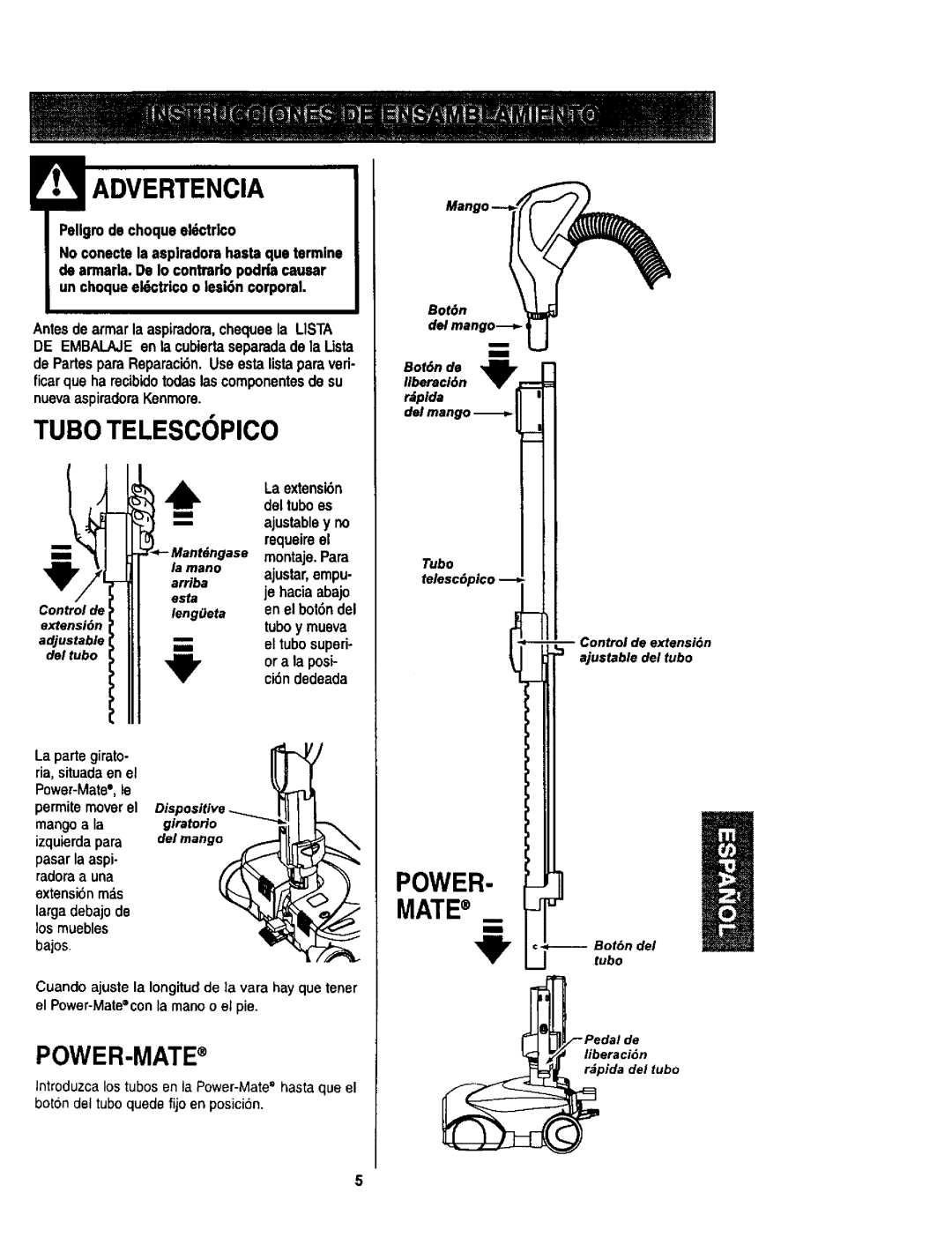 Kenmore 624, 614 owner manual Advertencia, Tubo Telesc Pico, POWER- Mate 