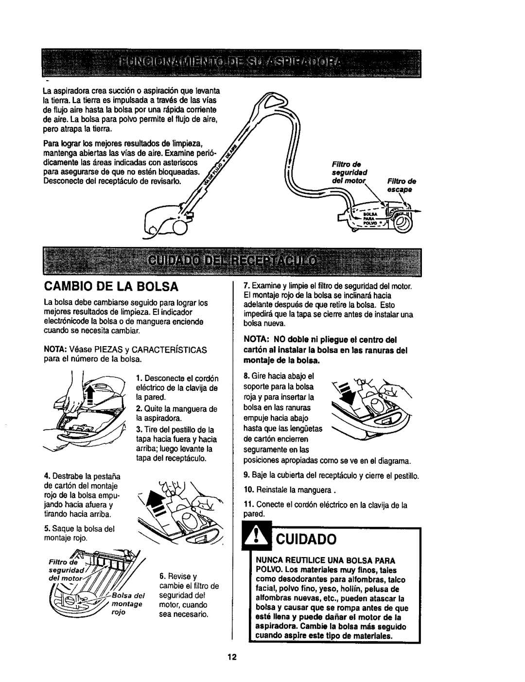 Kenmore 614, 624 owner manual Cambio DE LA Bolsa, Para asegurarsede qua no est6nbloqueadas Seguridad 