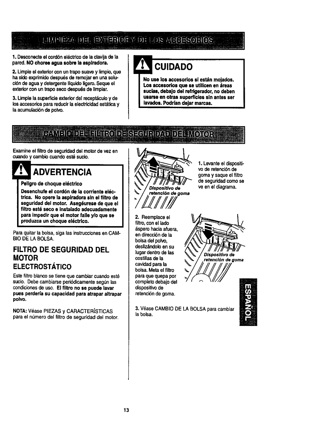 Kenmore 624, 614 owner manual Filtro DE Seguridad DEL Motor Electrostatico, BIO DE LA Bolsa 