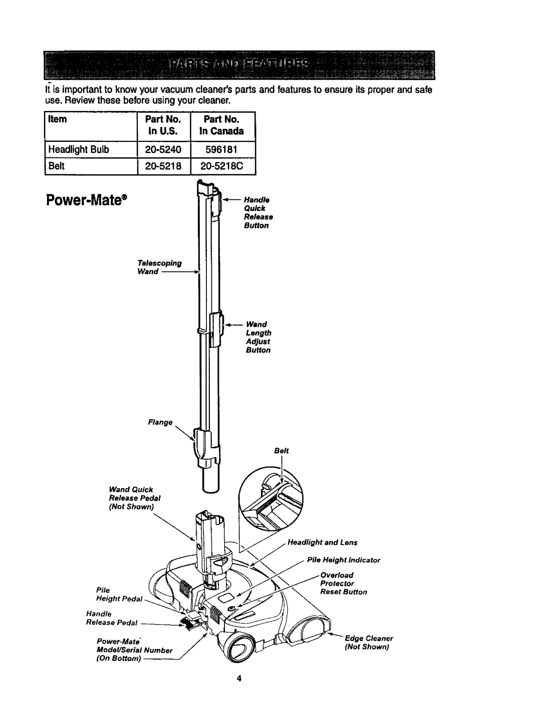 Kenmore 614, 624 owner manual Headlight Bulb 20-5240 596181 Belt 20-5218 20-5218C, Canada 