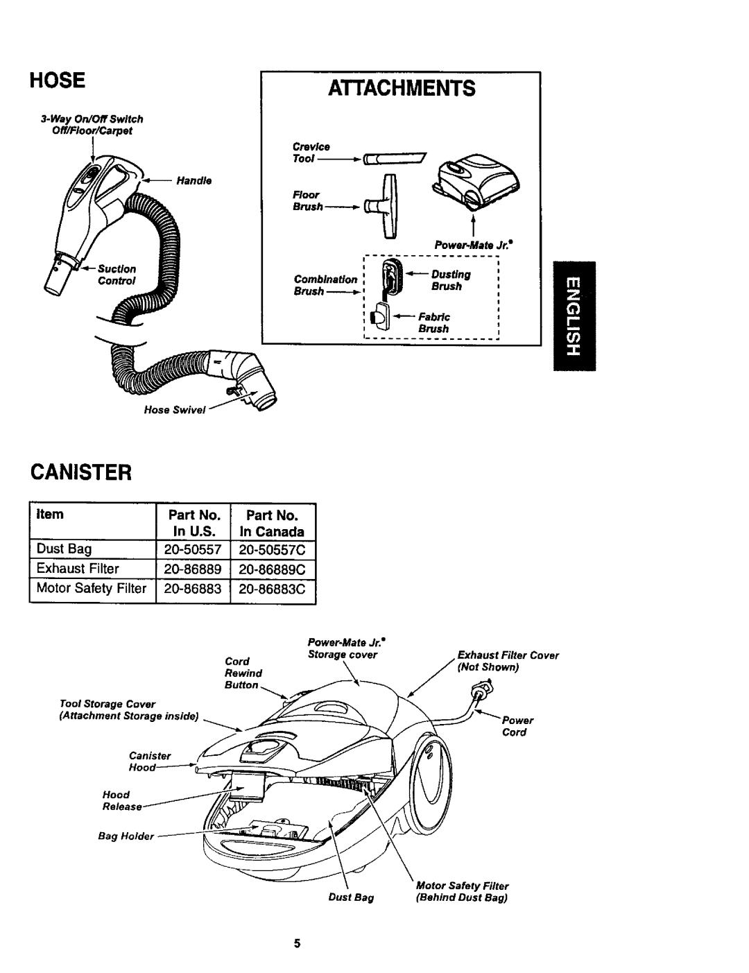 Kenmore 624, 614 owner manual Canister, Dust Bag, Exhaust Filter, Motor Safety Filter 