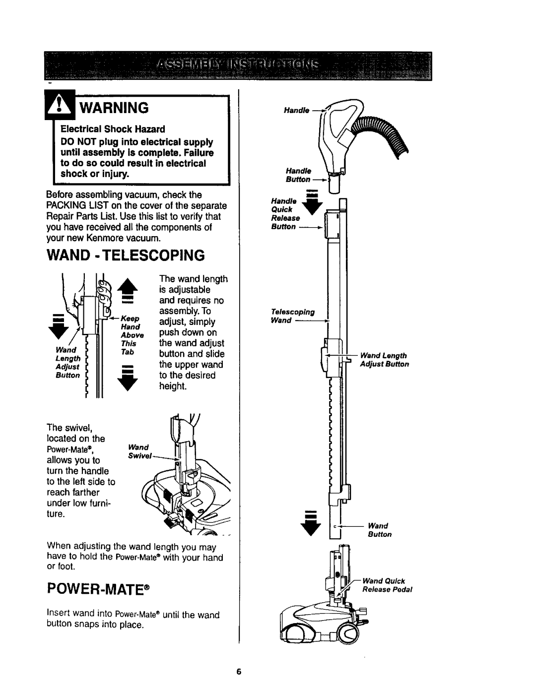 Kenmore 614, 624 owner manual Wand -TELESCOPING, Power-Mate 