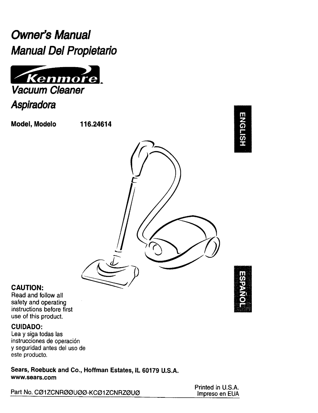 Kenmore 624 owner manual Model, Modelo 116,24614, OwnersManual ManualDel Propietario, Vacuum Cleaner, Aspiradora, product 