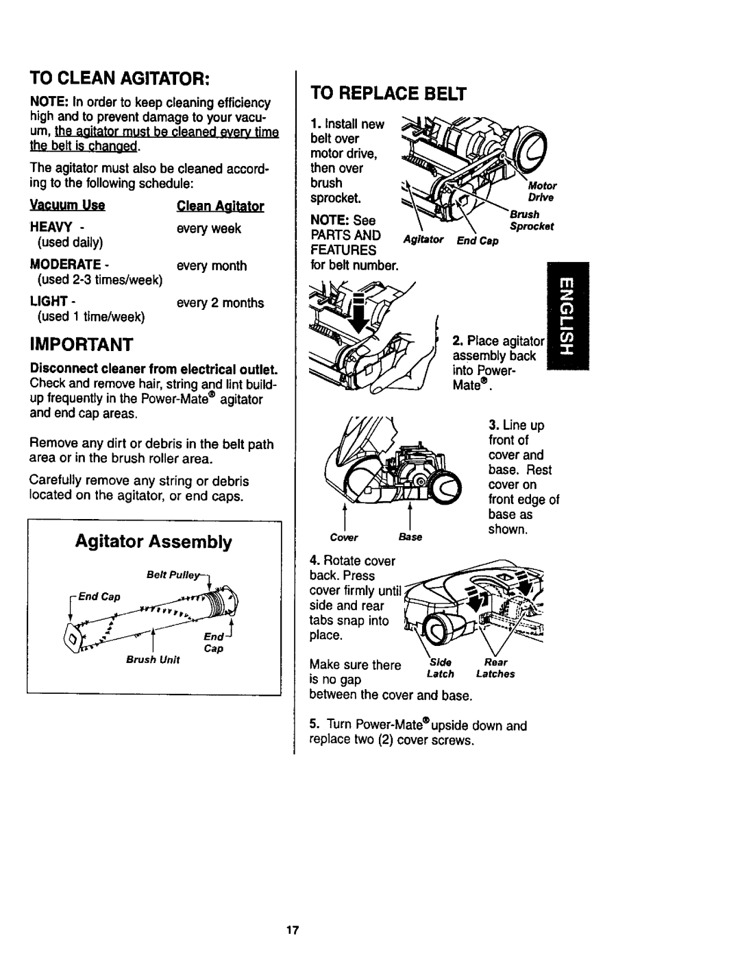Kenmore 624, 614 owner manual To Clean Agitator, To Replace Belt, Agitator Assembly, front of, base. Rest 