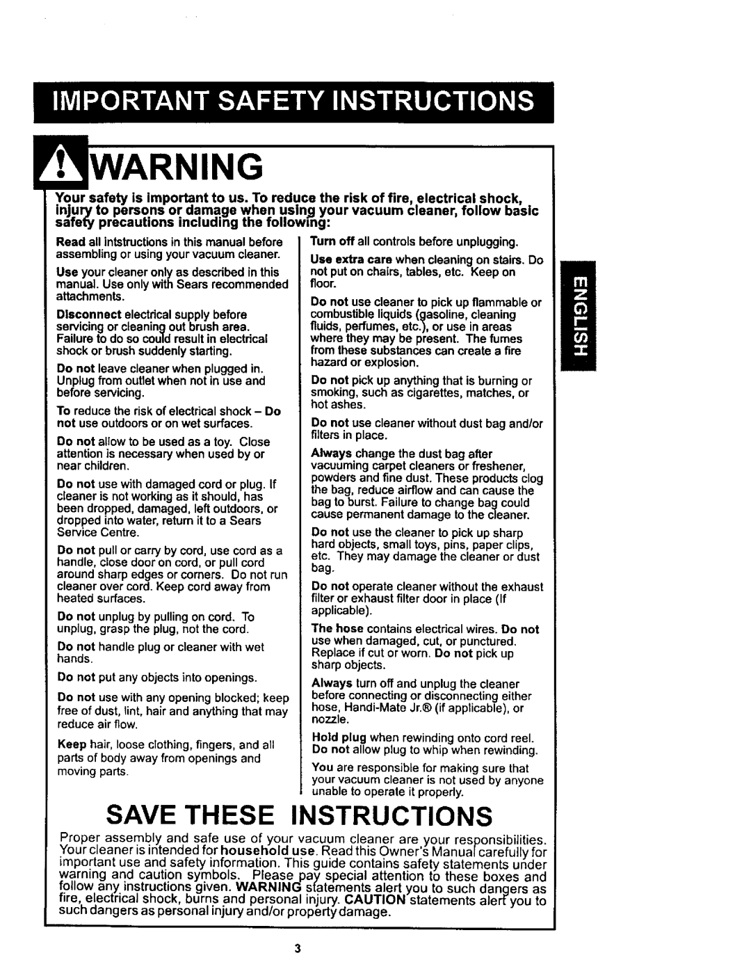 Kenmore 624, 614 owner manual Save These Instructions 