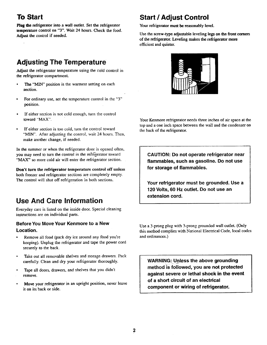 Kenmore 62042 To Start, Start / Adjust Control, Adjusting The Temperature, Before You Move Your Kenmore to a New Location 