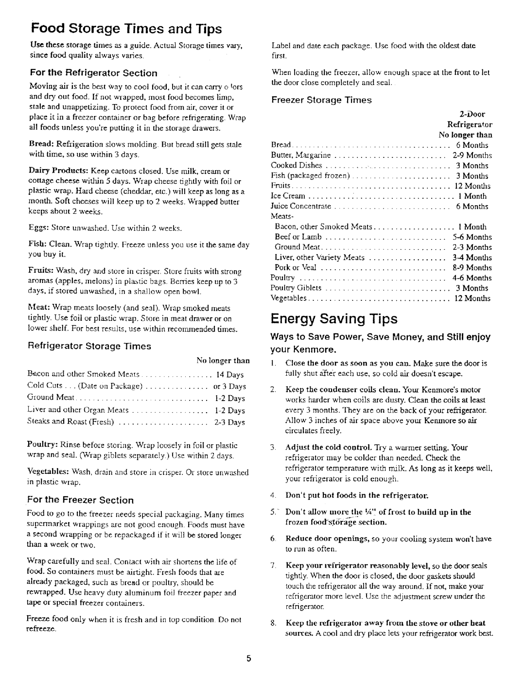 Kenmore 62042 owner manual Food Storage Times and Tips 