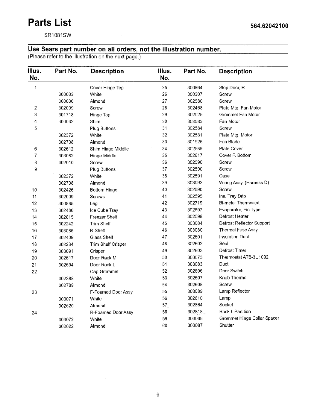 Kenmore owner manual Parts List 564.62042100, SR1081SW 