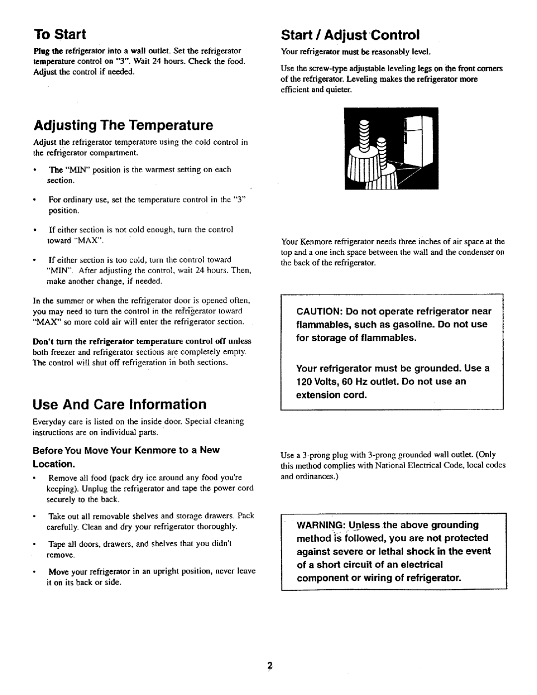 Kenmore 62042 owner manual Use And Care Information, To Start, Start / Adjust Control, Adjusting The Temperature 