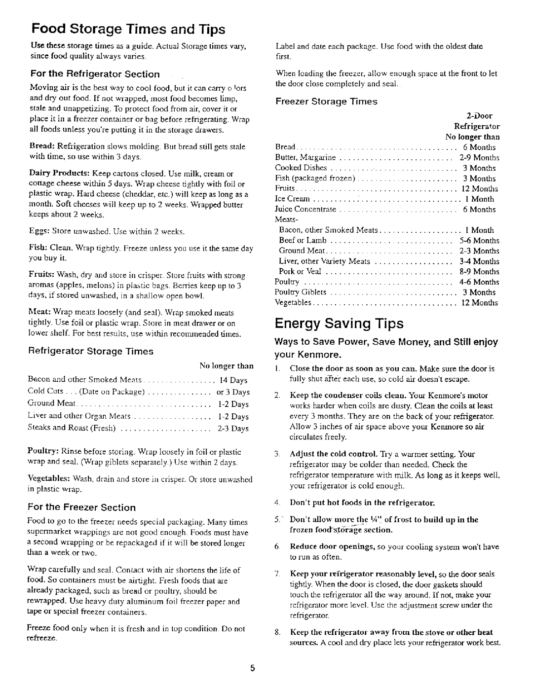 Kenmore 62042 owner manual Food Storage Times and Tips, Energy Saving Tips 
