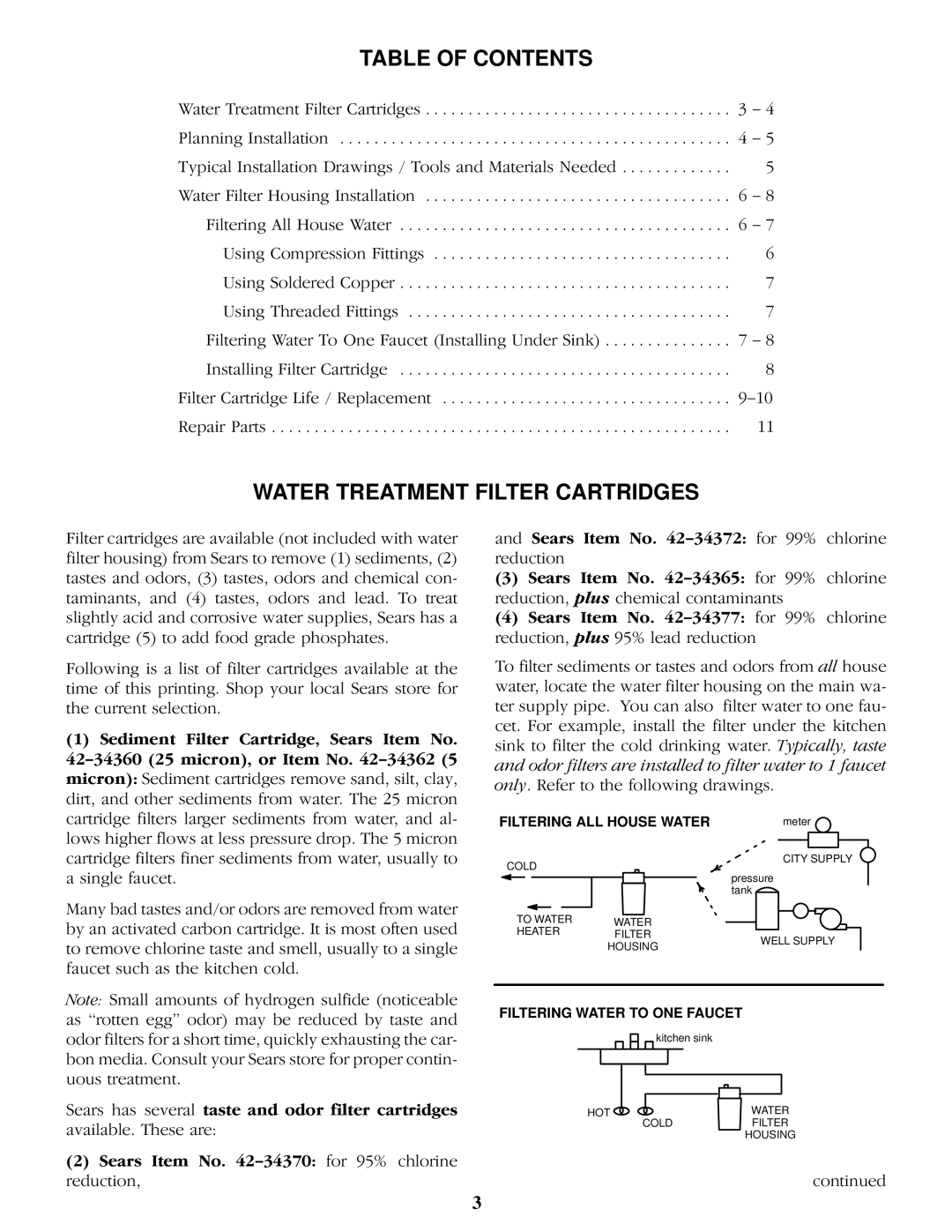 Kenmore 625.343400 operating instructions Table of Contents, Water Treatment Filter Cartridges 