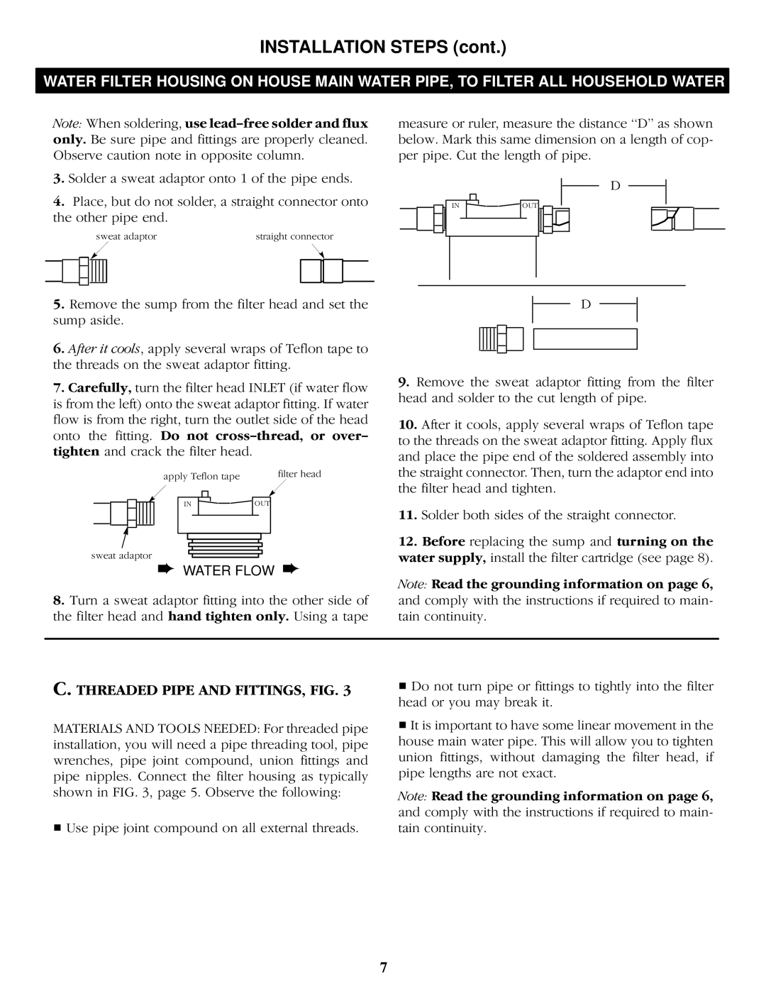 Kenmore 625.343400 operating instructions Installation Steps, Threaded Pipe and FITTINGS, FIG 