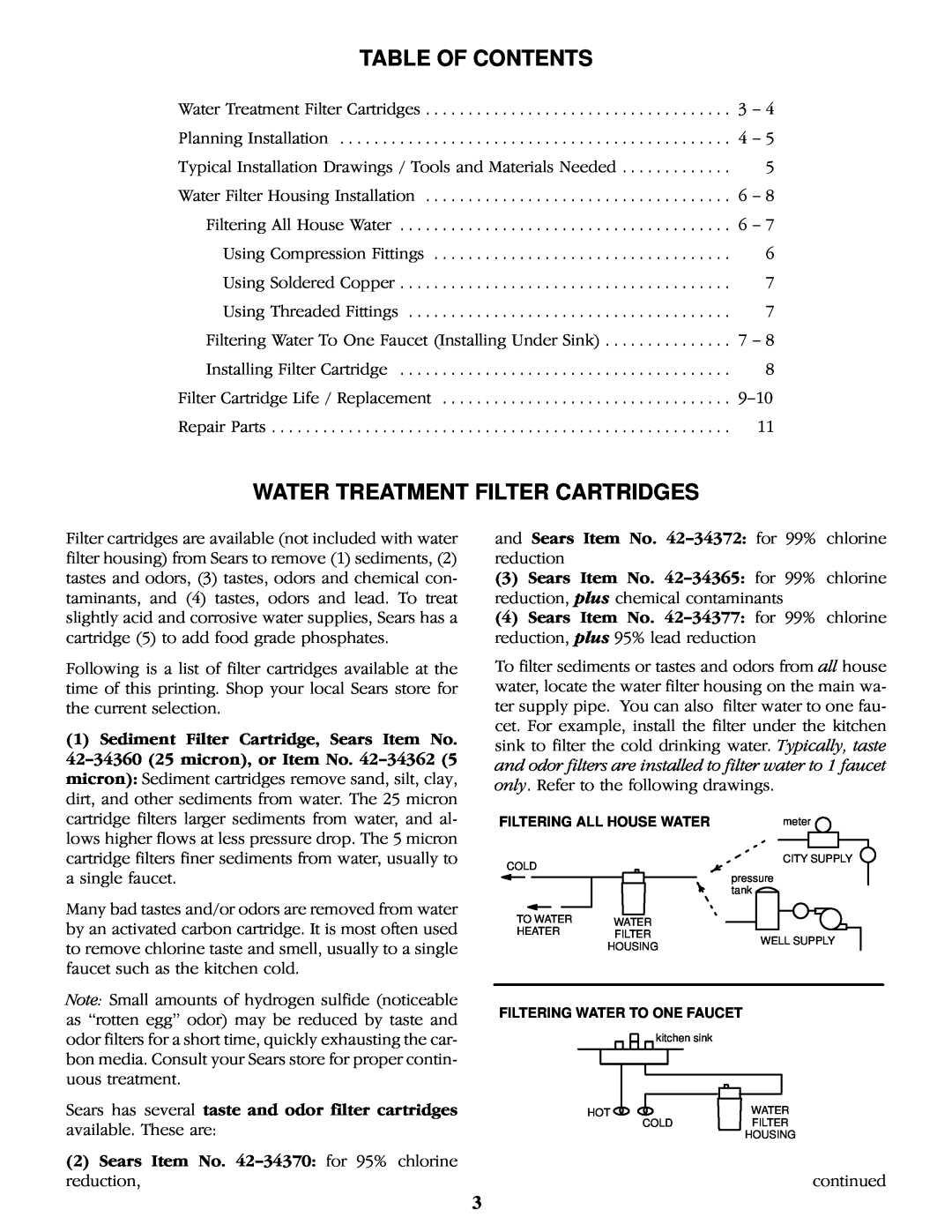 Kenmore 625.343400 operating instructions Table Of Contents, Water Treatment Filter Cartridges 