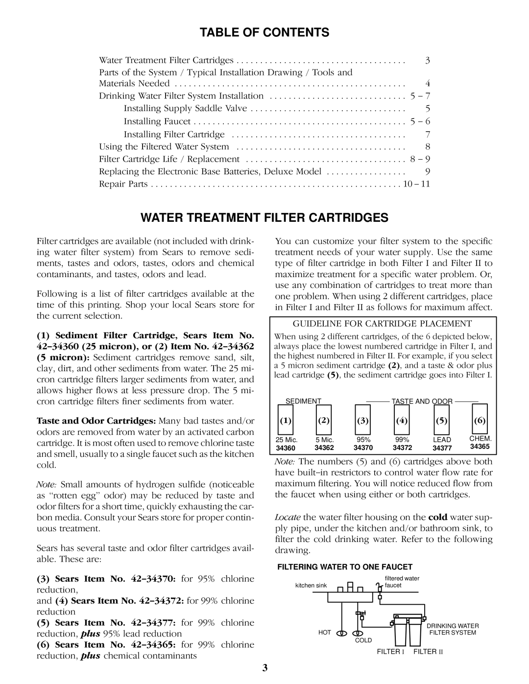 Kenmore 625.343920, 625.343950 manual Table of Contents, Water Treatment Filter Cartridges 