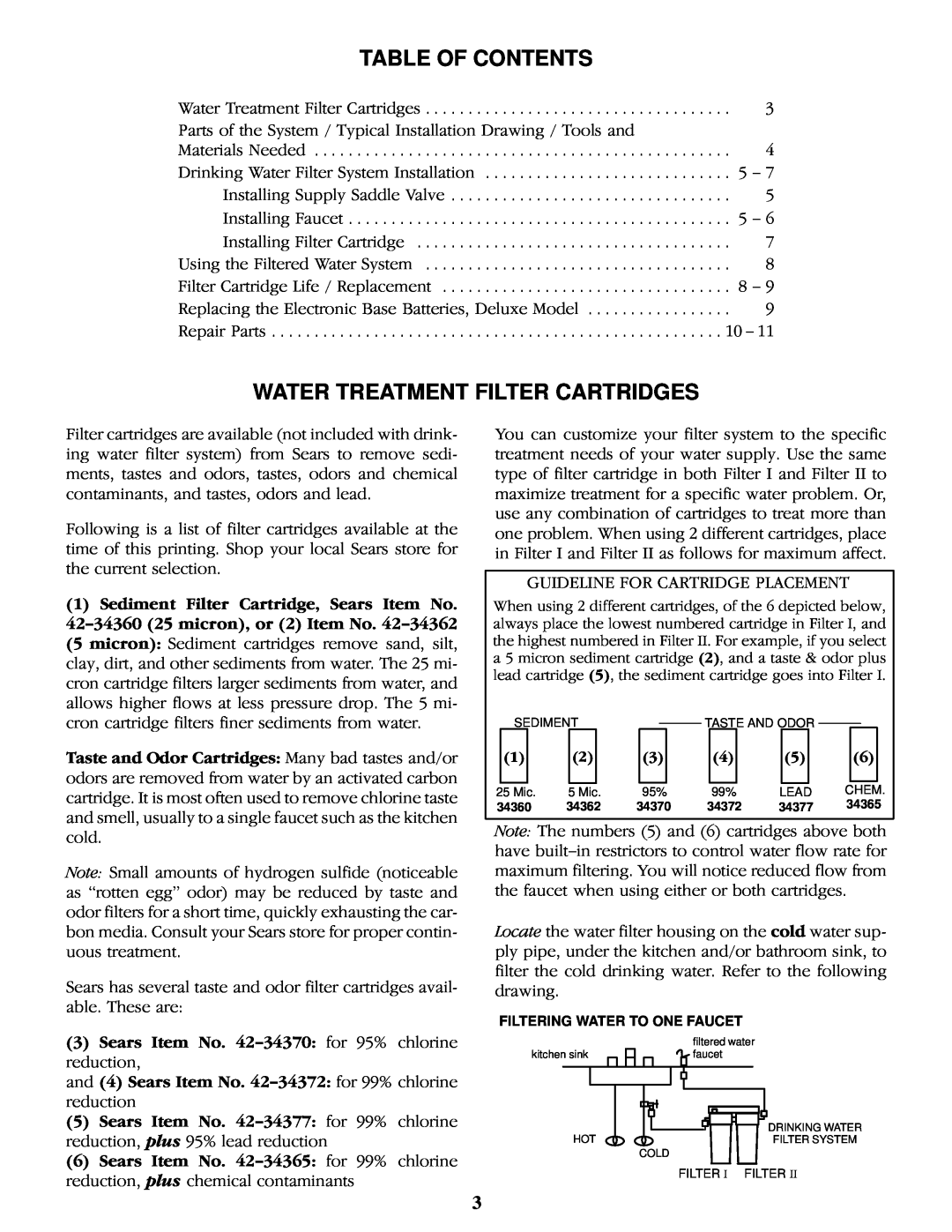 Kenmore 625.343920, 625.343950 manual Table Of Contents, Water Treatment Filter Cartridges 