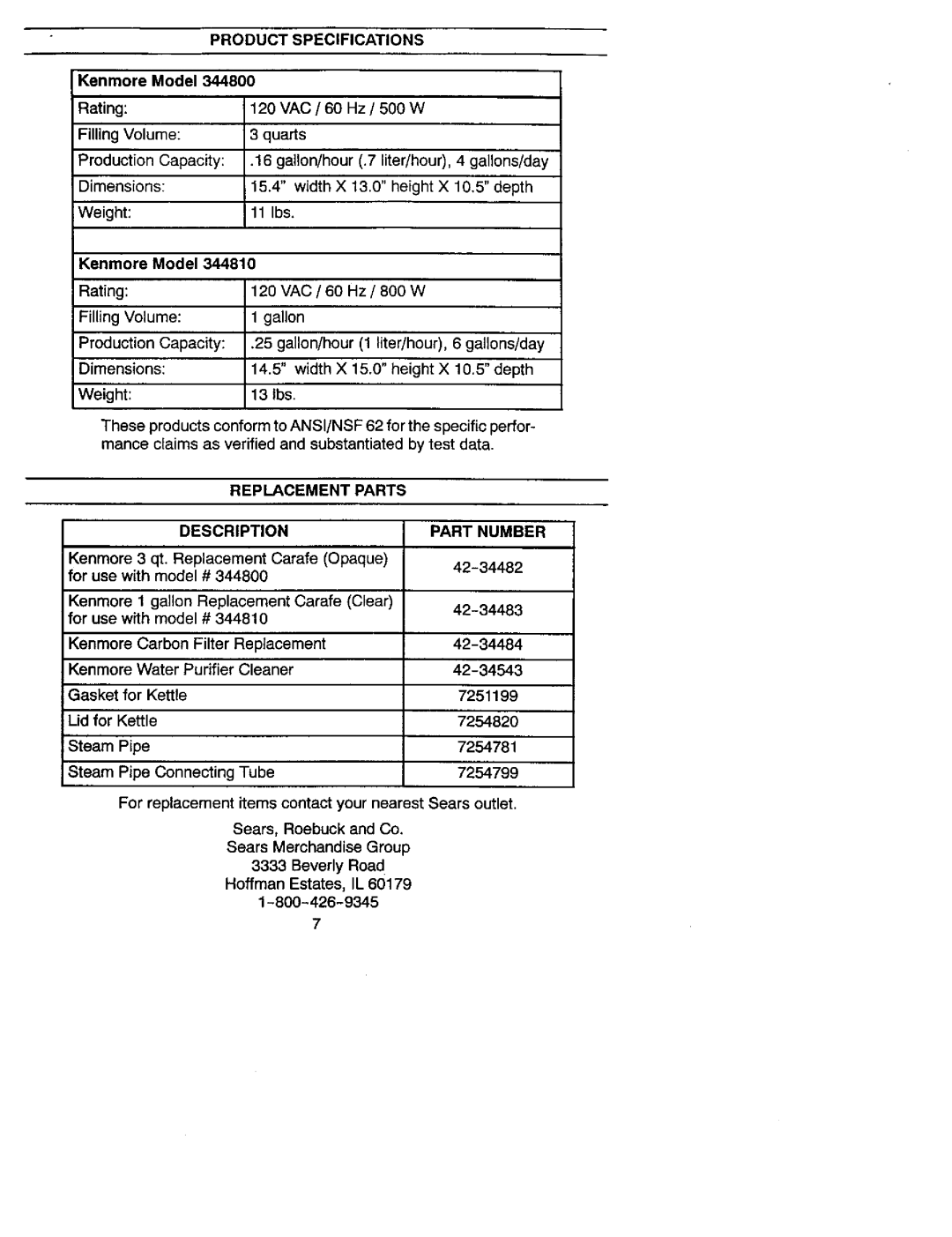 Kenmore 625.344800 owner manual Product Specifications, Replacement Parts Description Part Number 