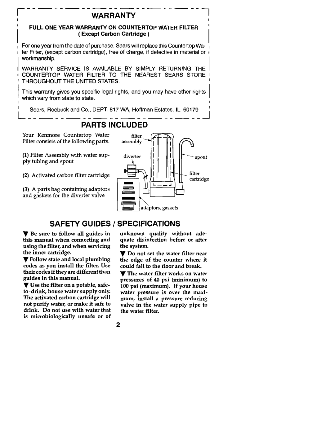 Kenmore 625.34551 owner manual Warranty, Parts Included, Safety Guides / Specifications 