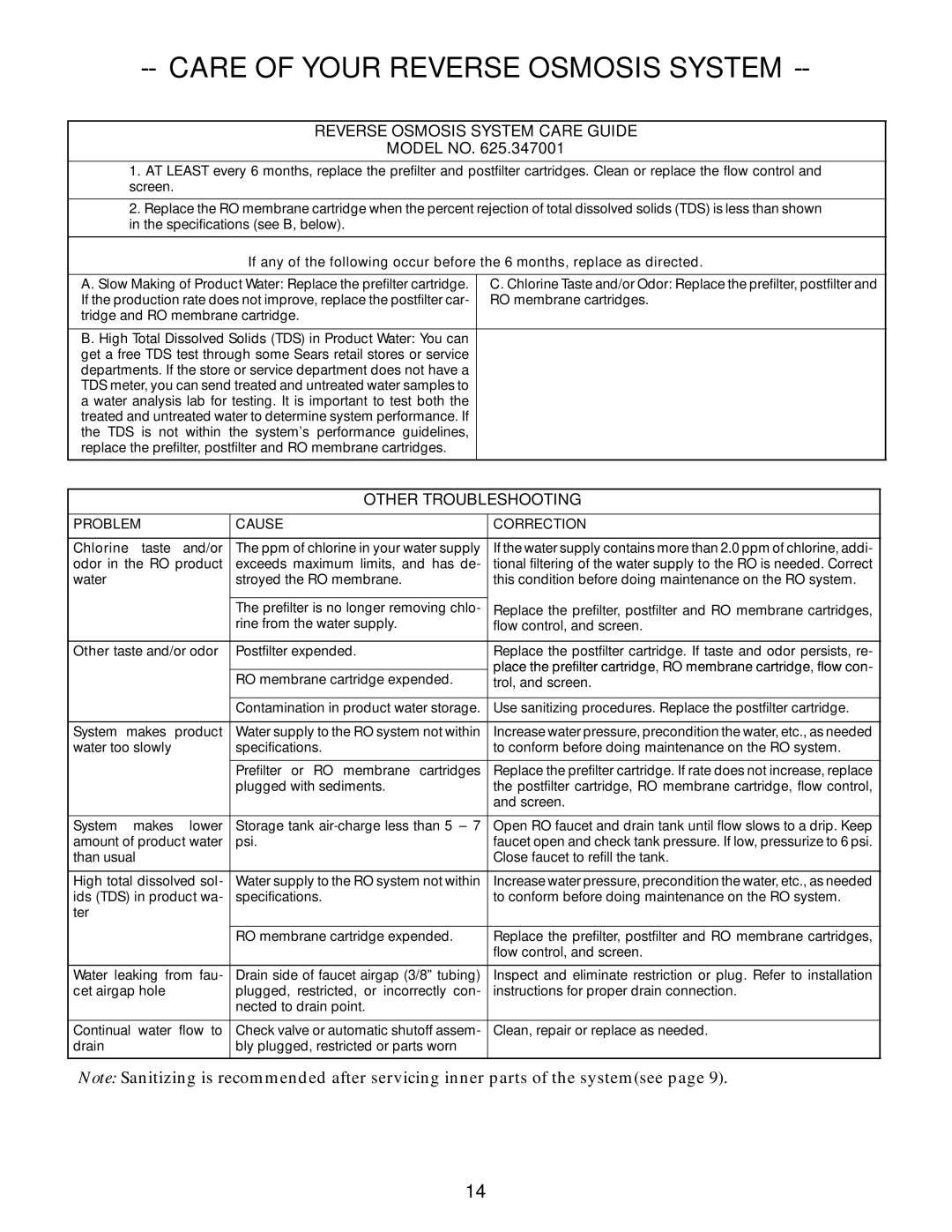 Kenmore 625.347001 owner manual Reverse Osmosis System Care Guide 