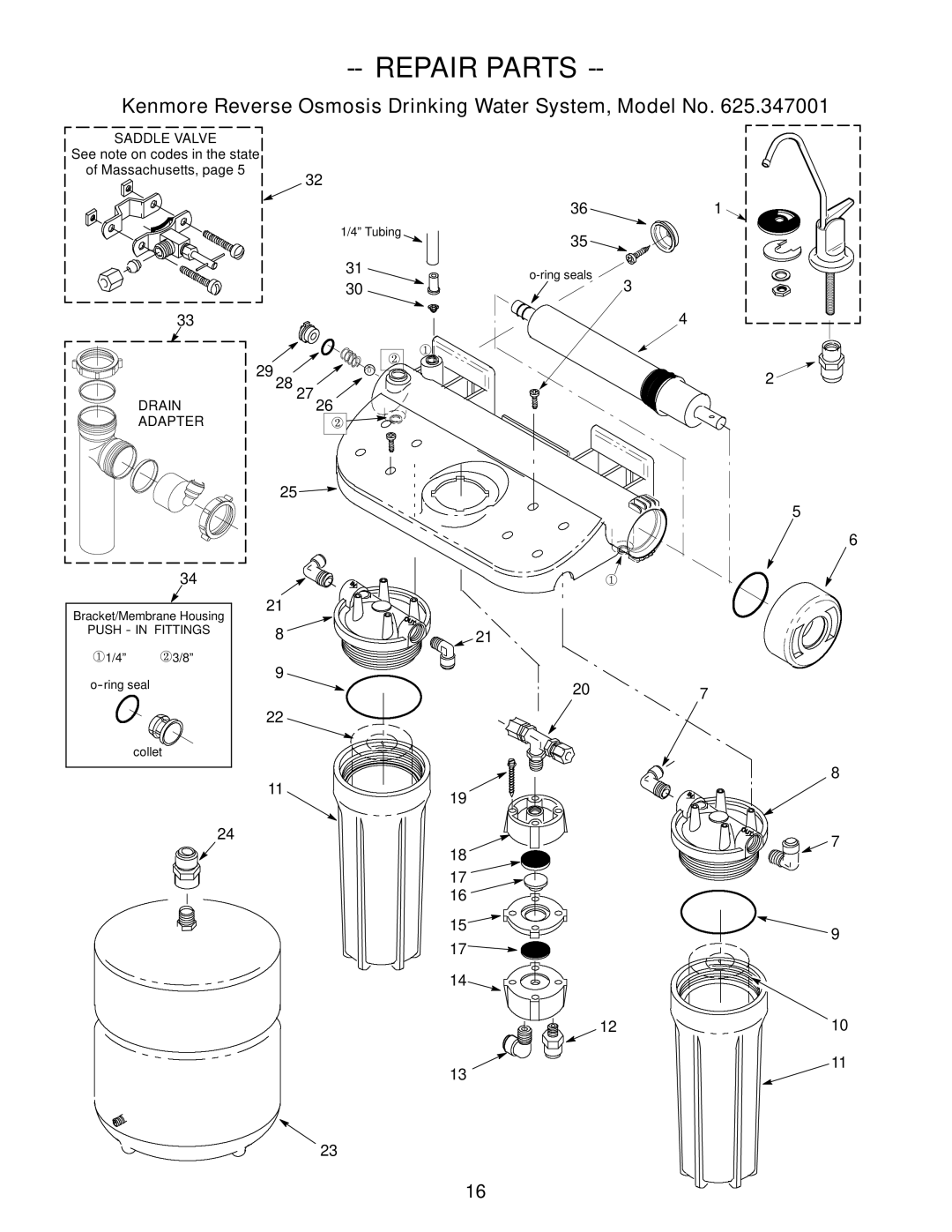 Kenmore 625.347001 owner manual Repair Parts, Kenmore Reverse Osmosis Drinking Water System, Model No 