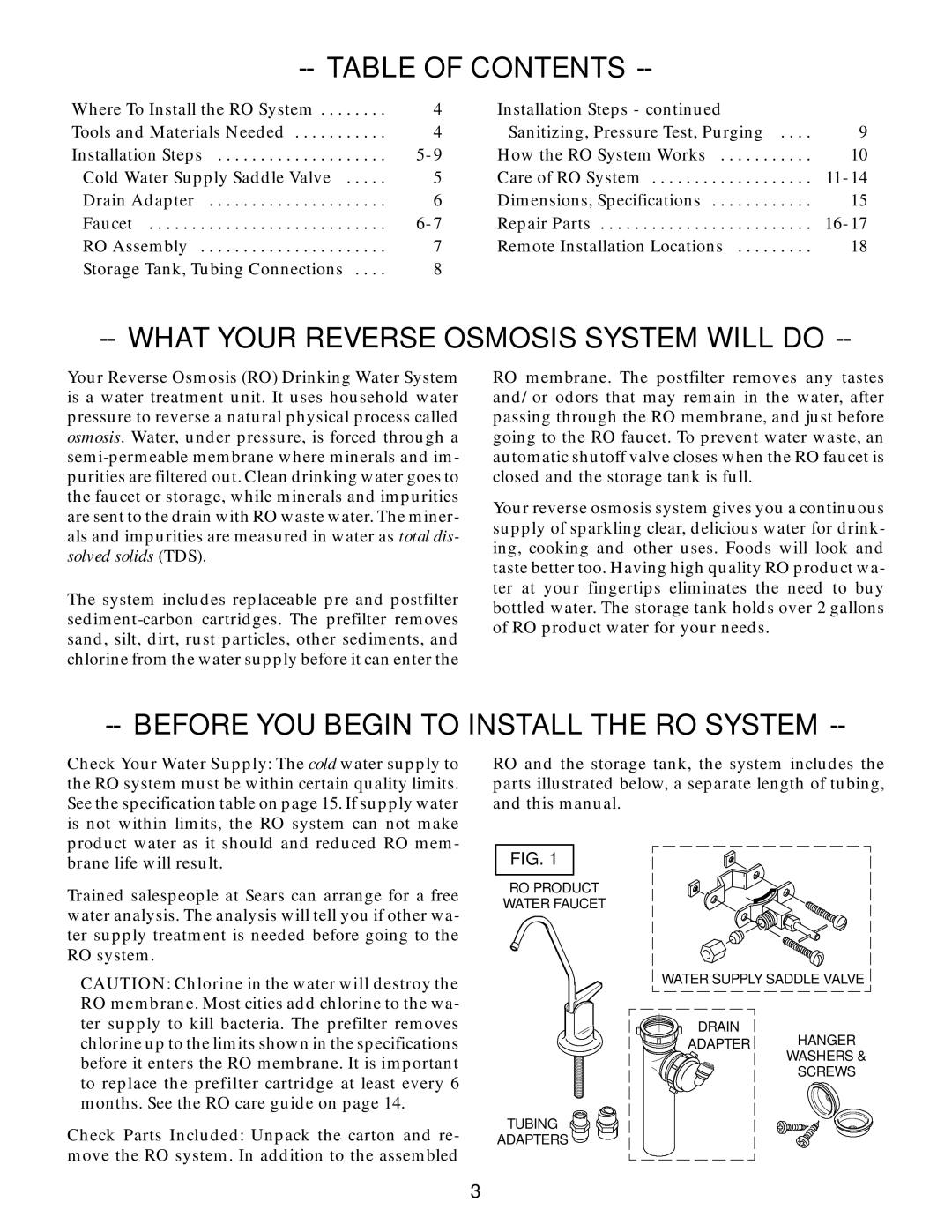 Kenmore 625.347001 Table of Contents, What Your Reverse Osmosis System will do, Before YOU Begin to Install the RO System 