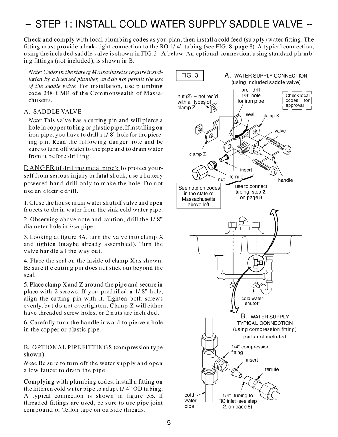 Kenmore 625.347001 owner manual Install Cold Water Supply Saddle Valve, Optional Pipe Fittings compression type shown 