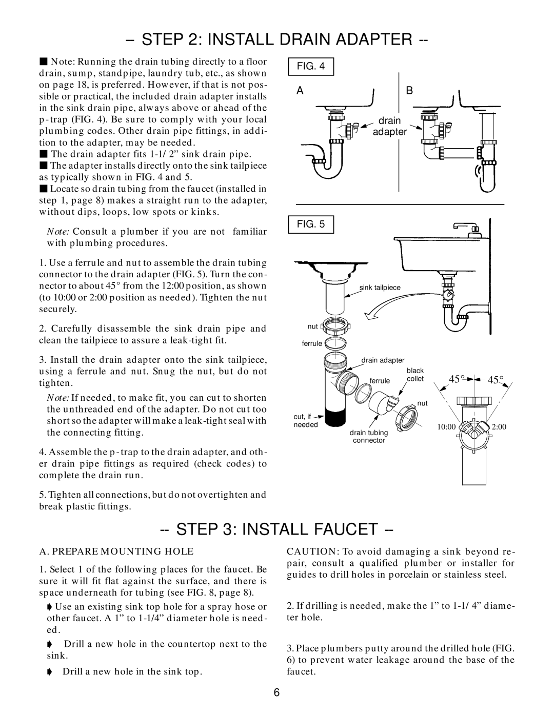 Kenmore 625.347001 owner manual Install Drain Adapter, Install Faucet, Prepare Mounting Hole 