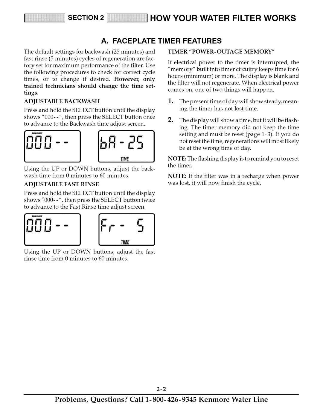 Kenmore 625.348242, 625.348252, 625.348235 owner manual Adjustable Backwash, Timer POWER-OUTAGE Memory 