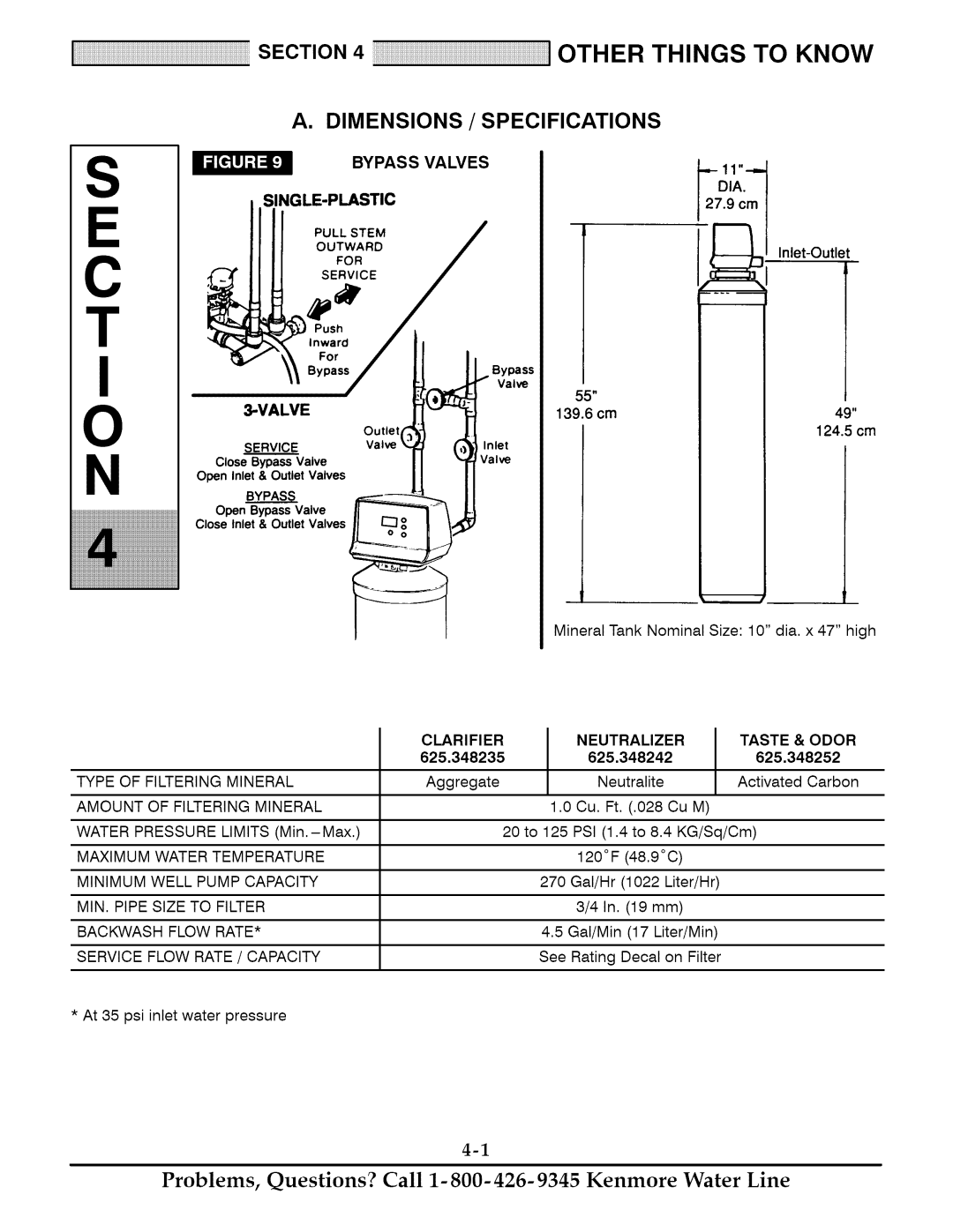 Kenmore 625.348235, 625.348252, 625.348242 owner manual Dimensions / Specifications, Bypass Valves SINGLE-PLASTIC 