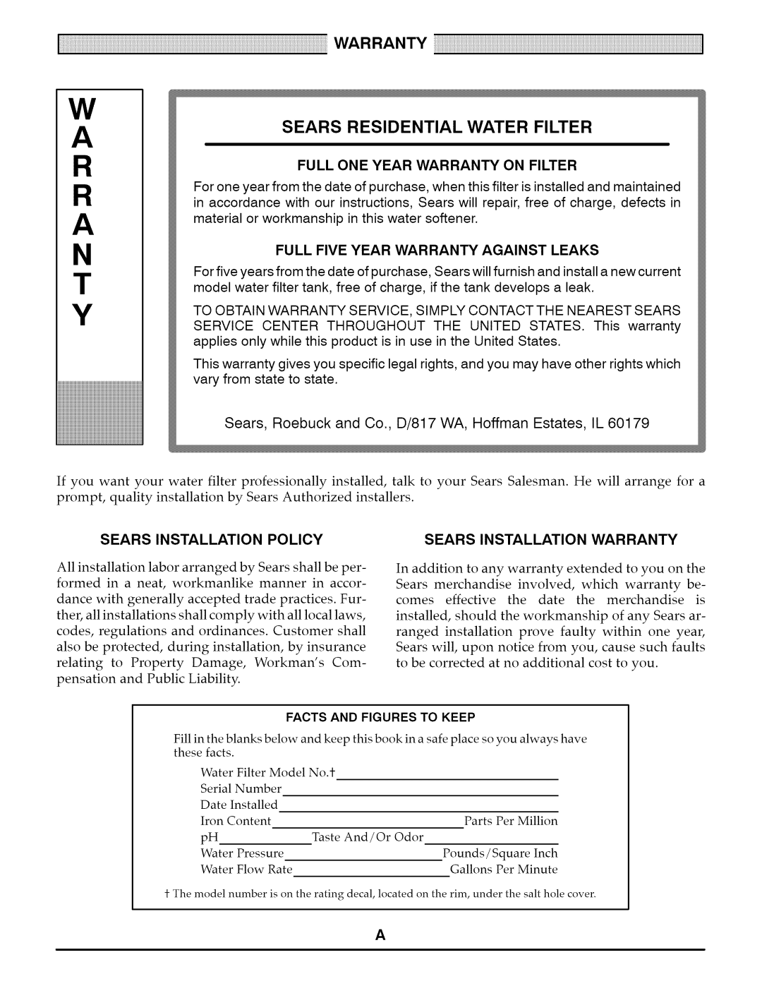 Kenmore 625.348235, 625.348252, 625.348242 owner manual R R a N T Y, Sears Residential Water Filter 