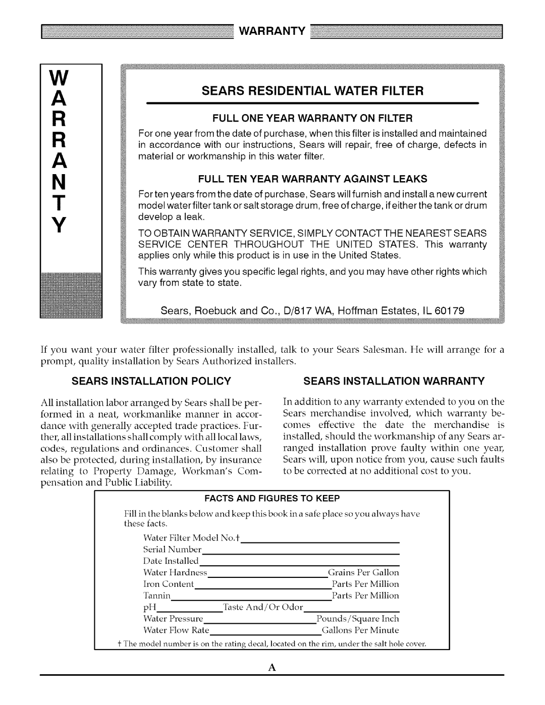 Kenmore 625.348261 owner manual Sears Residential Water Filter, Sears Installation Policy Sears Installation Warranty 