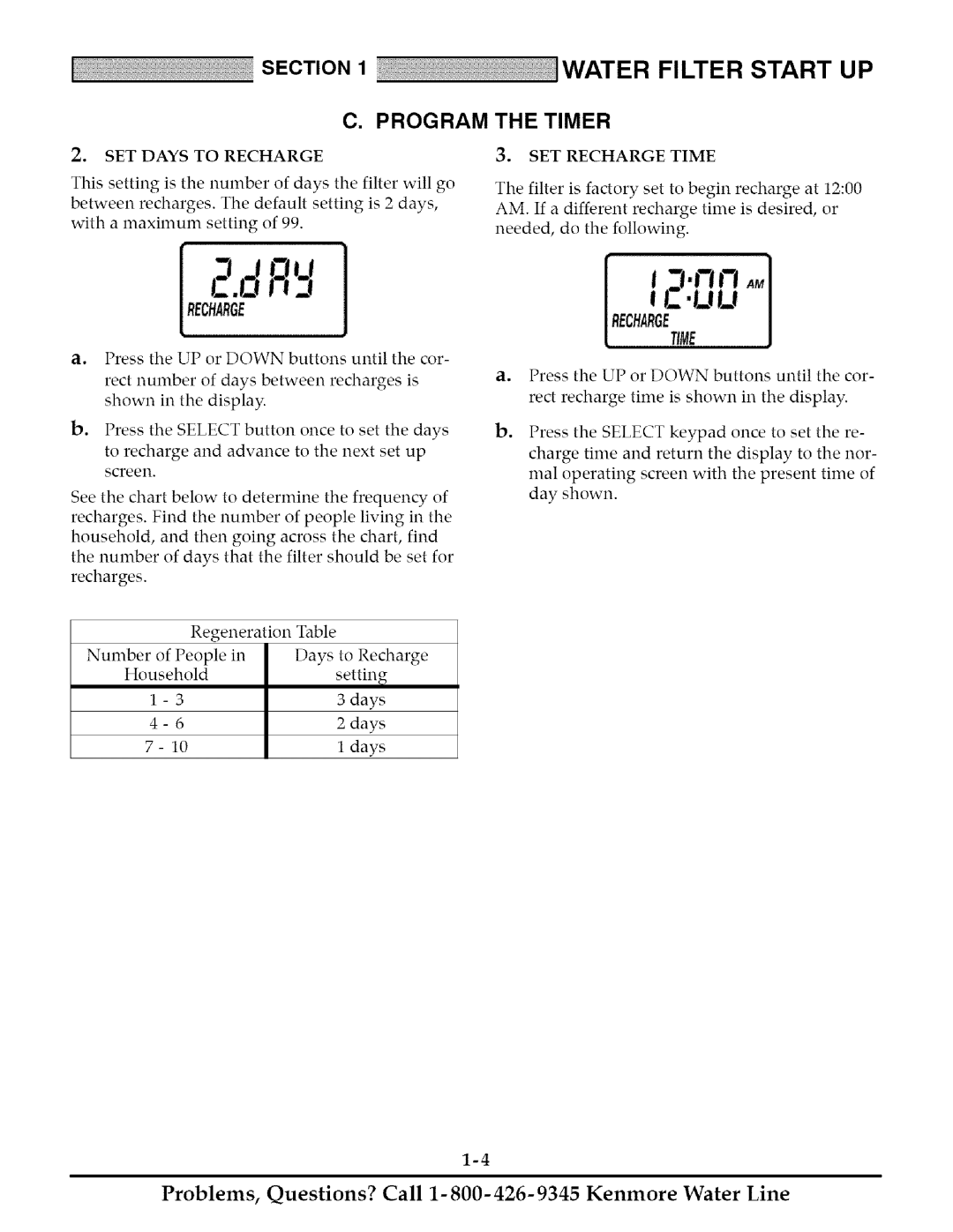 Kenmore 625.348261 owner manual Program, Timer, SET Days to Recharge, SET Recharge Time 