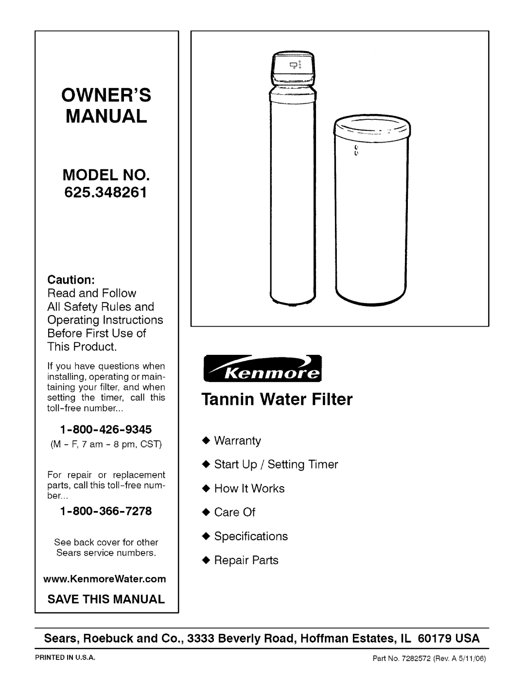 Kenmore 625.348261 owner manual Model No, Save This Manual, Tannin Water Filter 