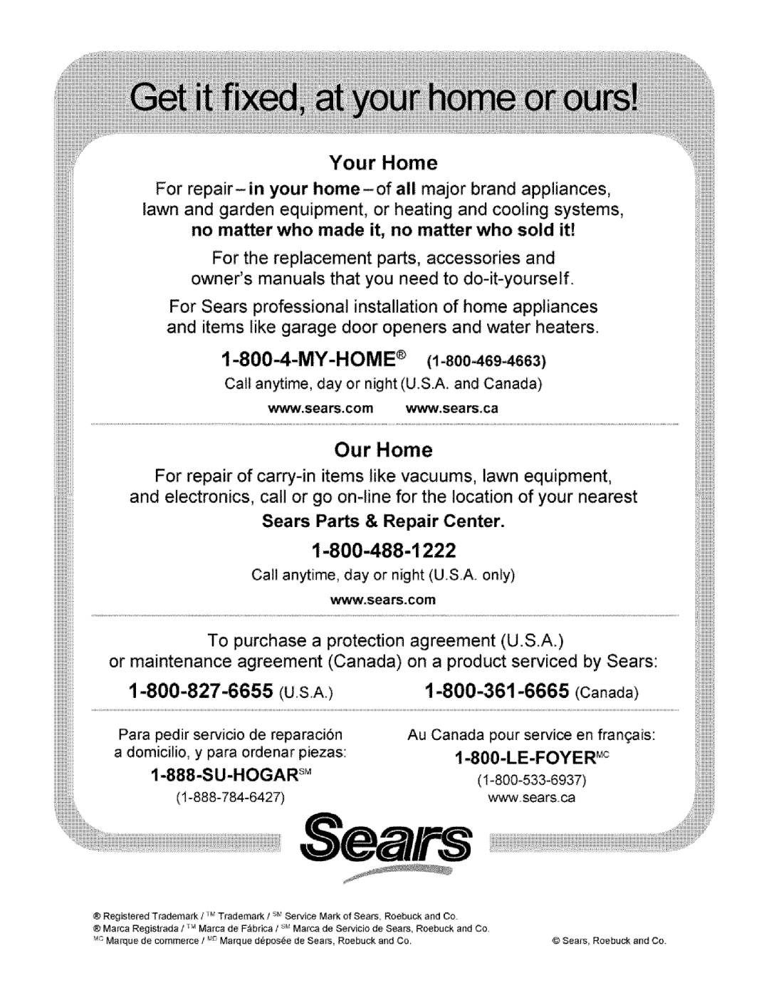 Kenmore 625.348261 owner manual Our Home, Sears Parts & Repair Center, SU-HOGAR sM, Your Home 