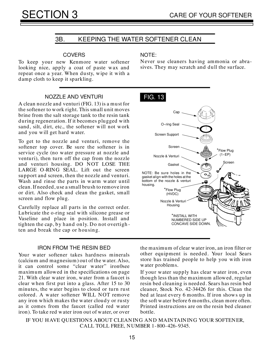 Kenmore 625.348321 owner manual Care of Your Softener 3B. Keeping the Water Softener Clean, Coversnote, Nozzle and Venturi 