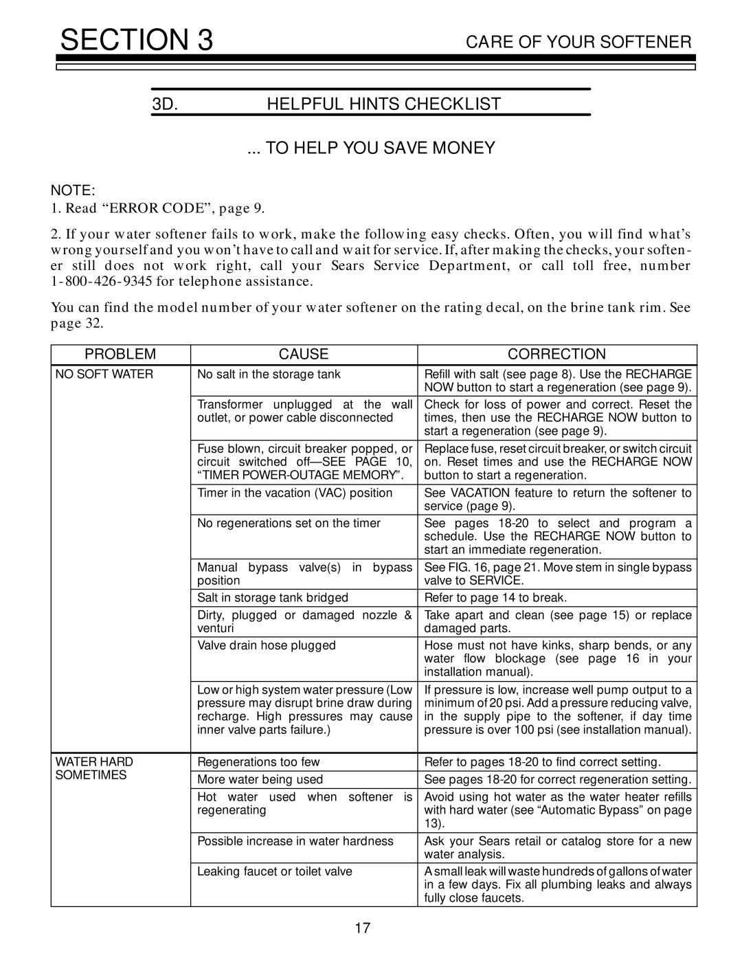 Kenmore 625.348321 owner manual Problem Cause Correction, No Soft Water 