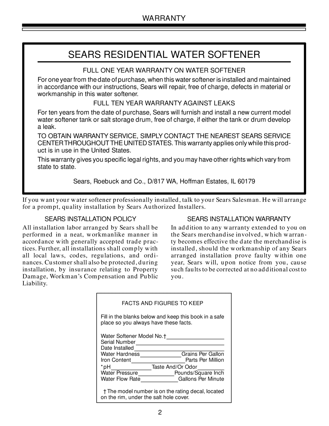 Kenmore 625.348321 owner manual Full ONE Year Warranty on Water Softener, Full TEN Year Warranty Against Leaks 