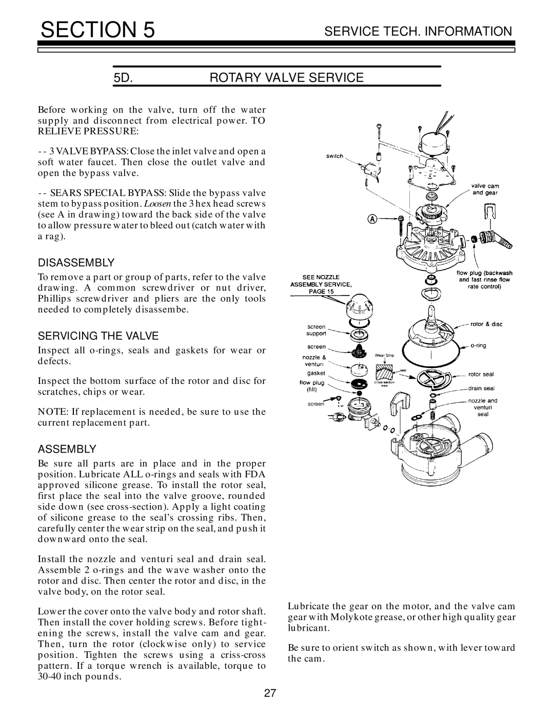 Kenmore 625.348321 Service TECH. Information 5D.ROTARY Valve Service, Disassembly, Servicing the Valve, Assembly 