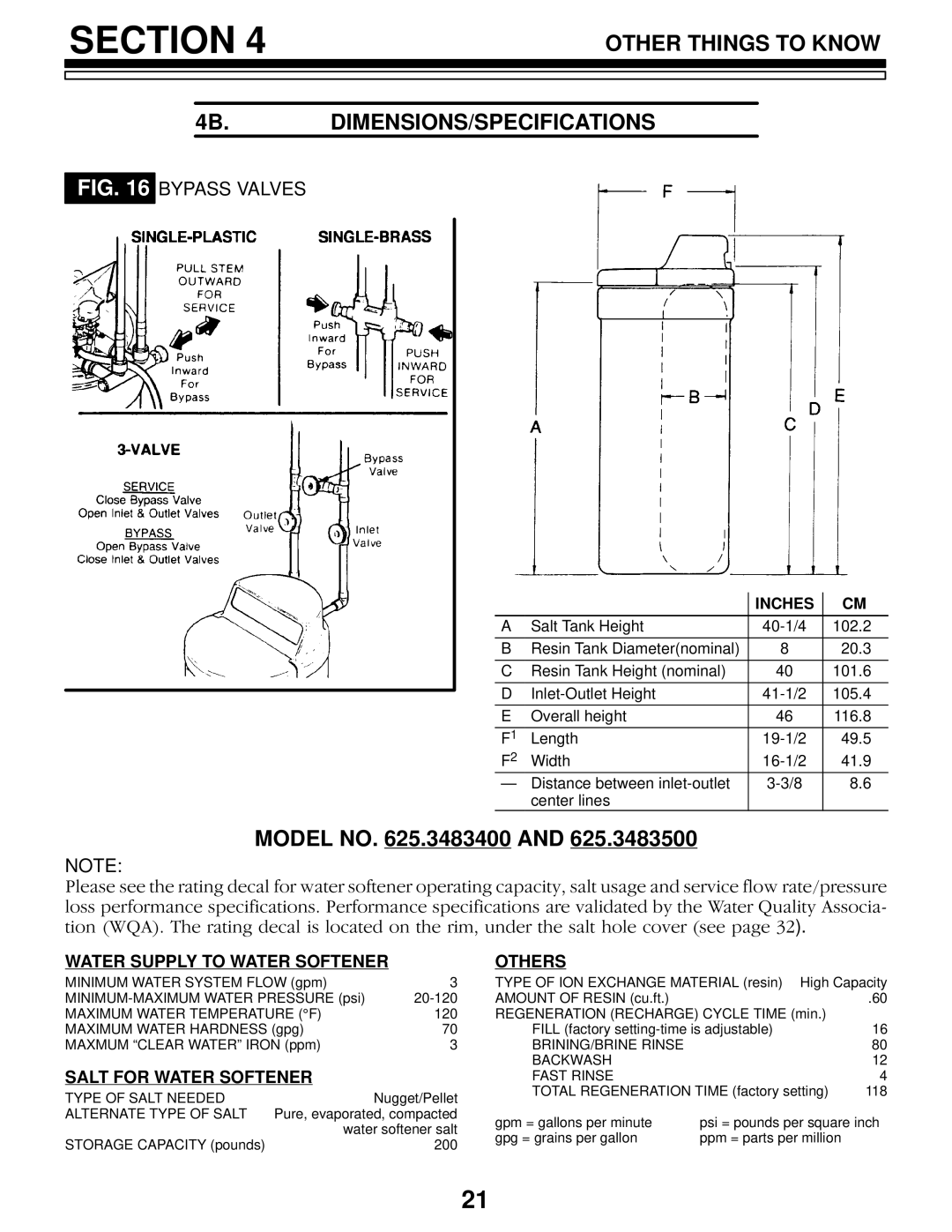 Kenmore 625.3483500, 625.3483400 owner manual Other Things to Know 4B.DIMENSIONS/SPECIFICATIONS, Bypass Valves 