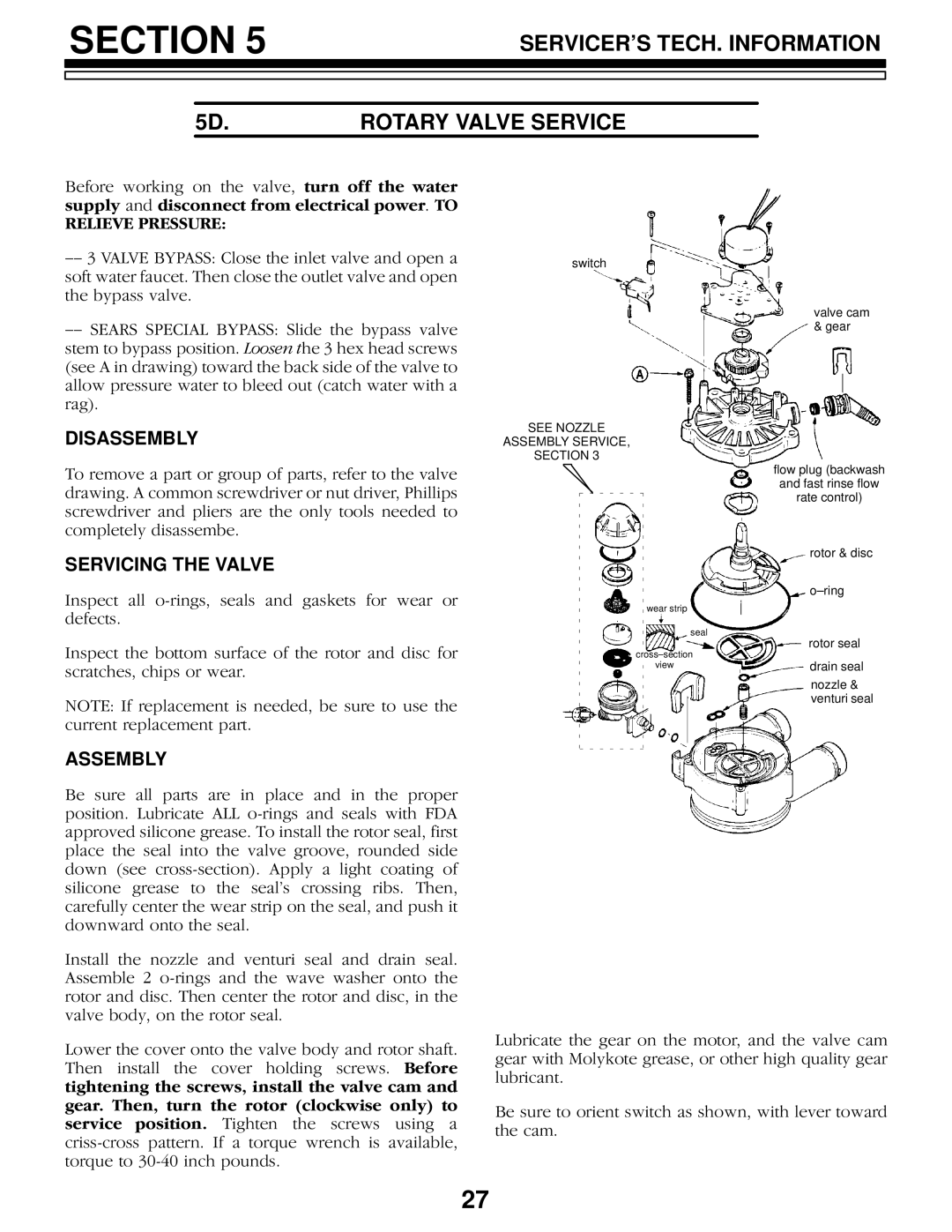 Kenmore 625.3483500 Servicers TECH. Information 5D.ROTARY Valve Service, Disassembly, Servicing the Valve, Assembly 